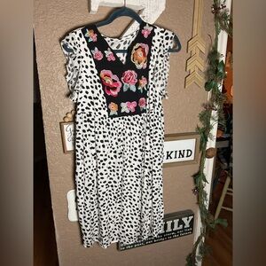 White and Black Animal Print Capped Sleeve  Dress with Floral Embroidery Medium